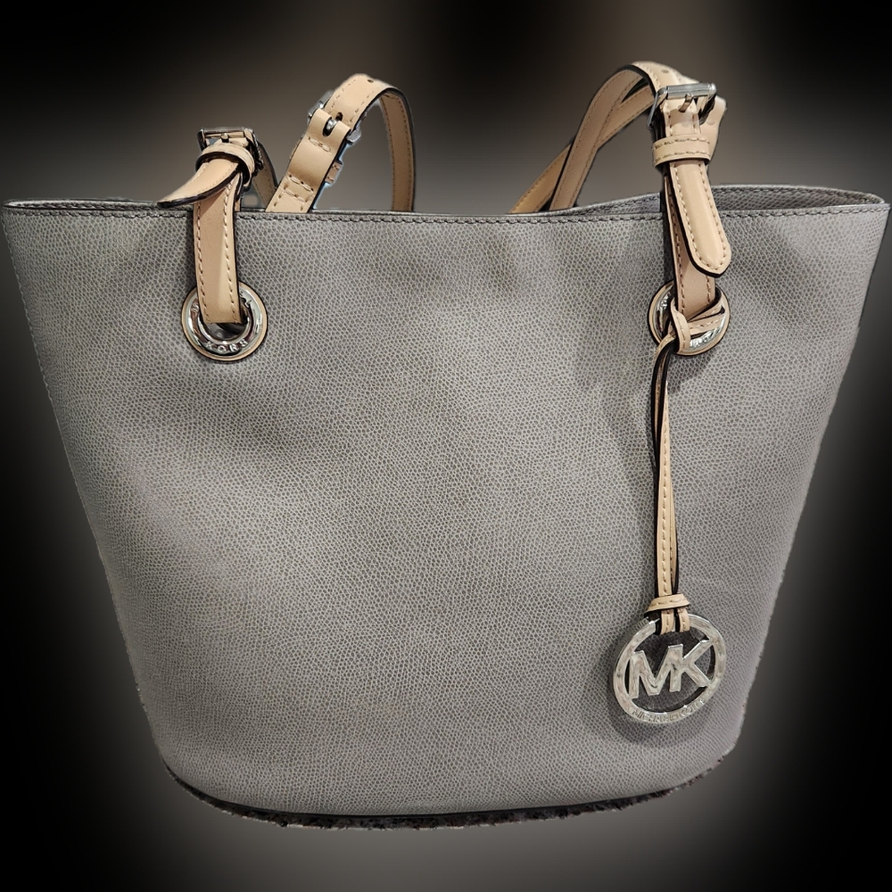 Michael Kors Light Gray Leather Tote with Tan Straps